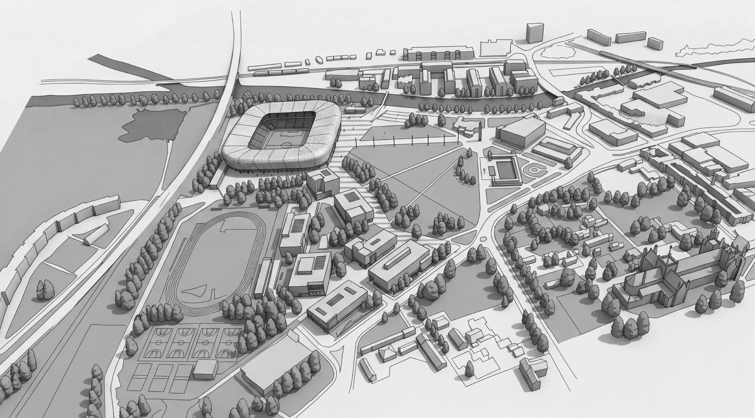 Computer-generated image of the proposed Embankment stadium beside the River Nene